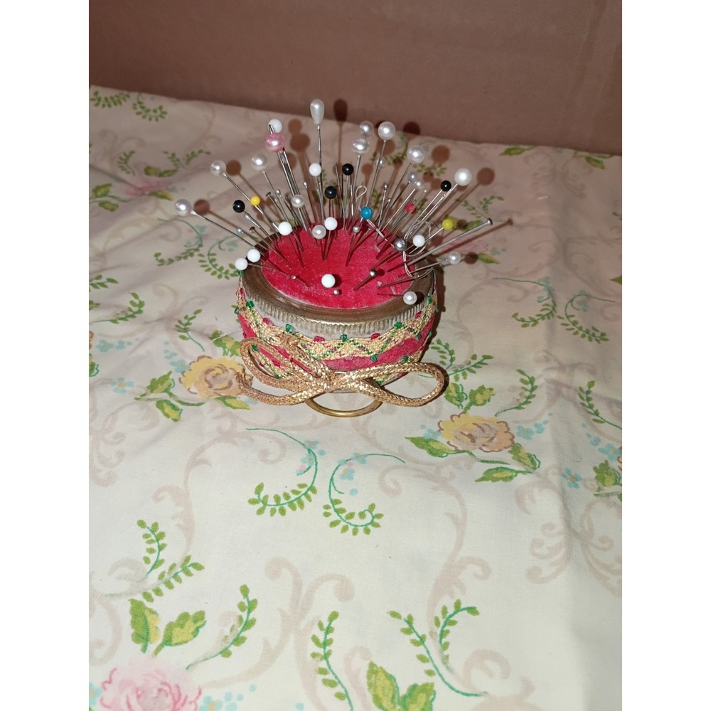 Vintage Pin Cushion Red With Pins 3"X 2.5" Ribbon Bow